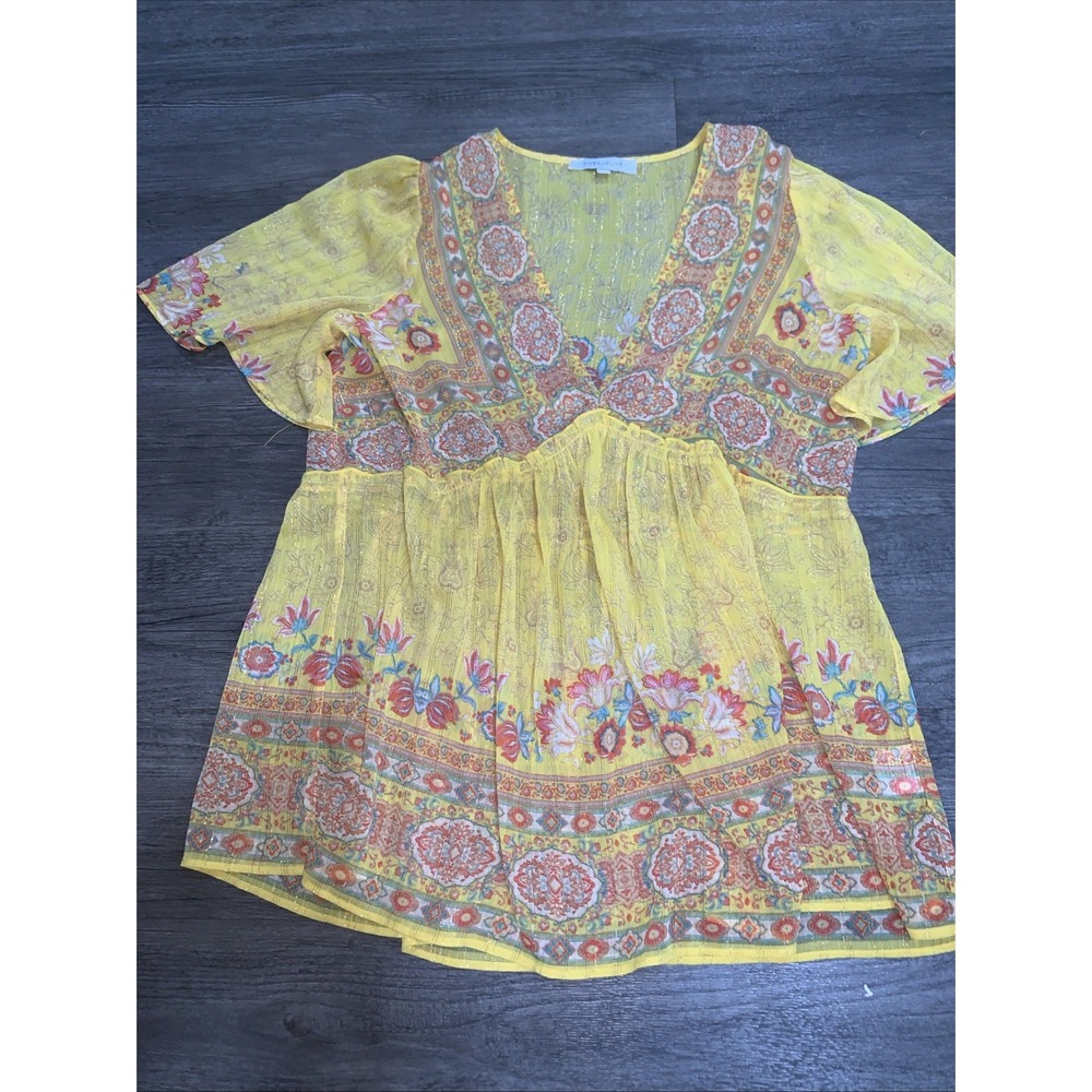 Rose + Olive Sheer Blouse Boho Floral Yellow V-Neck Flutter Sleeve Blouse L